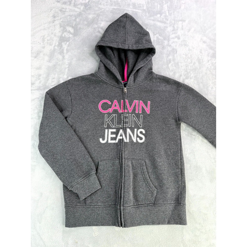 Calvin Klein Jeans Hoodie Girls Large 14/16 Heather Gray Cotton Spell Out Zip Up
